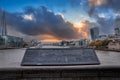 Panoramic view of the London financial district from the Tower bridge over river Thames. Royalty Free Stock Photo