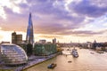 Panoramic view of London skyline at sunset. The Shard and the City Hall