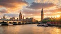 London, UK panorama. Big Ben in Westminster Palace on River Thames at beautiful sunset. Royalty Free Stock Photo