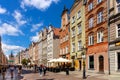Panoramic view of Long Market - Dlugi Rynek - boulevard in old town city center with Golden Gate in background in Gdansk, Poland