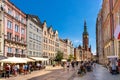 Panoramic view of Long Market - Dlugi Rynek - boulevard in old town city center with Main Town City Hall in background in Gdansk,