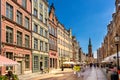 Panoramic view of Long Market - Dlugi Rynek - boulevard in old town city center with Main Town City Hall in background in Gdansk,