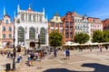 Panoramic view of Long Market - Dlugi Rynek - boulevard in old town city center with Neptune Fountain and Artus Court in Gdansk,
