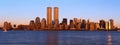 Panoramic view of lower Manhattan and Hudson River, New York City skyline, NY with World Trade Towers at sunset