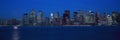 Panoramic view of Lower Manhattan skyline, NY where World Trade Towers were located at sunset Royalty Free Stock Photo