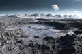 panoramic view of lunar mountains and craters from rovers perspective Royalty Free Stock Photo