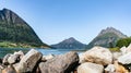 Panoramic view from Luroy at ford with Aldra Island left, Olvika center and some unknown high mountain left. The wall of