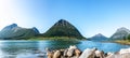 Panoramic view from Luroy at ford with Aldra Island left, Olvika center and some unknown high mountain left. The wall of