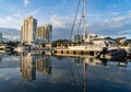 Panoramic view of luxury Marina with sailboat on the dock during sunset Royalty Free Stock Photo