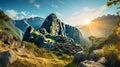 A panoramic view of Machu Picchu in Peru, highlighting its ancient Incan ruins and breathtaking mo