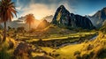 A panoramic view of Machu Picchu in Peru, highlighting its ancient Incan ruins and breathtaking mo