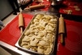 Homemade dumplings ready for cooking. Royalty Free Stock Photo