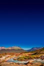 Panoramic view of magical colorful fairytale forest at Tierra del Fuego National Park with a lonely hiker, Patagonia, Argentina, Royalty Free Stock Photo