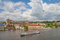 Panoramic view of magnificent Saint Vitus Cathedral near Charles Bridge and Vltava river with city tour boat and balloon in the Royalty Free Stock Photo