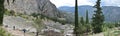 Panoramic view of the main monuments and places of Greece. Ruins of ancient Delphi. Delphi Theater