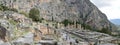 Panoramic view of the main monuments and places of Greece. Ruins of ancient Delphi. Oracle of Delphi