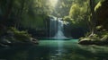 Panoramic View of a Majestic Deep Forest Waterfall with Crystal Clear Water Royalty Free Stock Photo