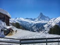 Panoramic view of majestic Matterhorn with deers in the foreground