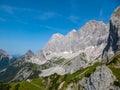 Dachstein - Panoramic view of majestic mountain peak Hoher Dachstein in Northern Limestone Alps, Styria, Austria Royalty Free Stock Photo