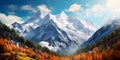 panoramic view of a majestic mountain range, with snow-capped peaks and a foreground of trees in their autumn glory Royalty Free Stock Photo