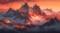 Panoramic View of Majestic Mountain Range at Sunset, Warm Hues Reflecting off Snow-Capped Peaks. Generative ai Royalty Free Stock Photo