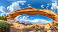 Panoramic view of a majestic natural arch under a clear blue sky. Scenic desert landscape. Perfect for wallpapers and Royalty Free Stock Photo