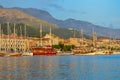 Panoramic view of Makarska city center from the sea in Makarska, Croatia on June 16, 2019.