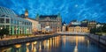 Panoramic view of Malmo skyline from canal Royalty Free Stock Photo