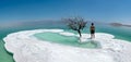 Panoramic view of a man standing on the salt island with a lonely tree, Dead Sea, Israel Royalty Free Stock Photo