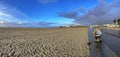 Panoramic view of a man in a wheelchair walking along the bike path of Santa Monica Beach in California. Royalty Free Stock Photo