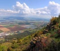 Panoramic view from Manara Cliff on Hula Valley. Kiryat Shmona city  and beautiful farming landscape with agricultural land Royalty Free Stock Photo