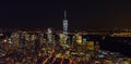 Panoramic View of Manhattan, New York City at Night.. Futuristic Buildings. Freedom Tower, Lady Liberty Statue, Hudson River.