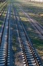 Panoramic view of many rusty railroad tracks. Top view