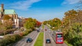 Panoramic view of Maria Magdalena Chapel, Saint Petri Church and Evangelical Church at Autumn near highway with cars in Magdeburg