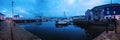 Panoramic view on marina quay in Plymouth, UK at sunrise.