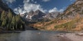 Panoramic view of Maroon bells landscape in autumn time Royalty Free Stock Photo