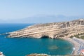 Panoramic view of Matala caves and Matala beach on Crete, Greece. Royalty Free Stock Photo