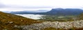 Panoramic view on meandering river delta at Rapadalen valley in Sarek national park, Sweden. Lapland mountains, rocks and birch