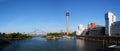 Panoramic View: Media Harbor with Rhine-Tower and famous buildings from Frank Gehry / Cityscapes of Dusseldorf / Germany