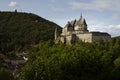 Panoramic view of the medieval castle of Vianden, Luxembourg, on a hill in the forest Royalty Free Stock Photo