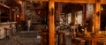 Panoramic view of medieval fantasy tavern interior. 3D rendering Royalty Free Stock Photo