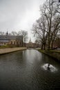 Panoramic view of medieval houses on the river in Bruges