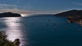 Panoramic view of the mediterranean coast near village Villefranche-sur-Mer at the French Riviera with the autumn sun. Royalty Free Stock Photo