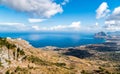 Panoramic view of mediterranean sea, coastline and Monte Cofano from Venus Castle of Erice, Sicily. Royalty Free Stock Photo