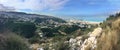 Panoramic view of Mediterranean shore and lebanese coast between Kaslik and Beirut, Lebanon, with natural rocks and vegetation in Royalty Free Stock Photo