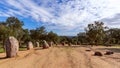 Panoramic view of the megalithic complex Almendres Cromlech Cromelelique dos Almendres Royalty Free Stock Photo