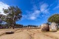 Panoramic view of the megalithic complex Almendres Cromlech Cromelelique dos Almendres Royalty Free Stock Photo