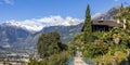 Panoramic view of Merano in Italy with mountains in background. Royalty Free Stock Photo