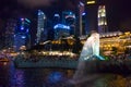 Panoramic View Of Merlion Statue And Marina Bay Downtown Buildings In Singapore. Royalty Free Stock Photo