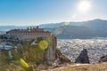 Panoramic view of Meteora monastery on the high rock in winter time, Greece Royalty Free Stock Photo